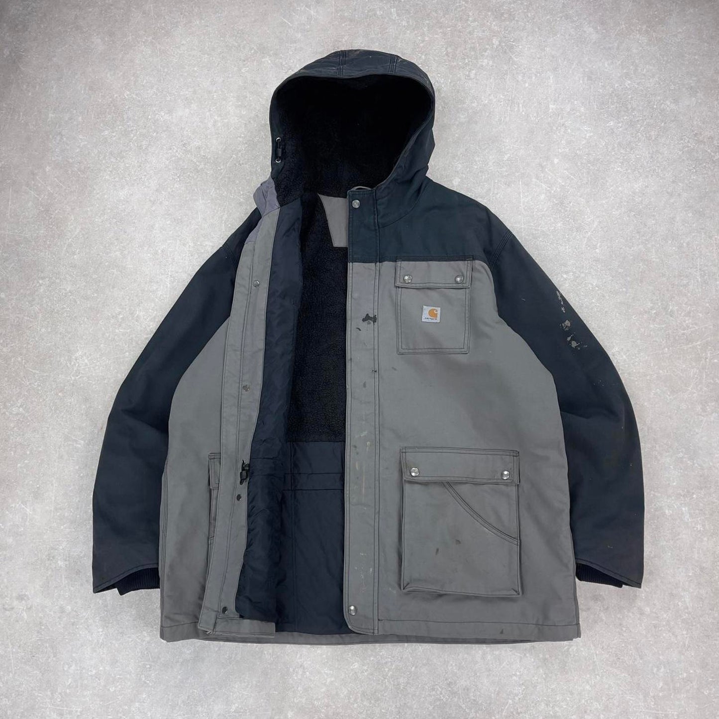 Hooded Carhartt jacket 2XL sherpa lined parker style workwear coat black grey