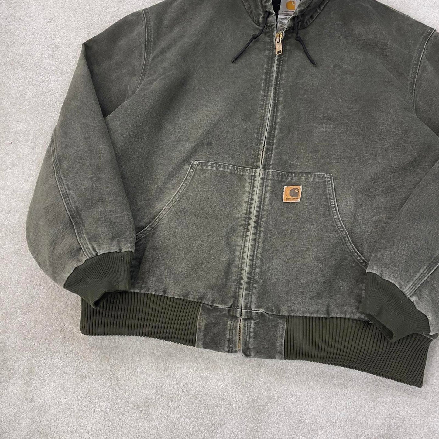 Vintage Green Carhartt hooded active jacket 2XL canvas bomber J130 MOS