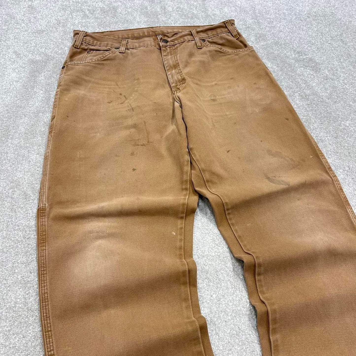 Tan Dickies carpenter jeans W36L32 loose baggy canvas cargo 90s skate style pants patch logo