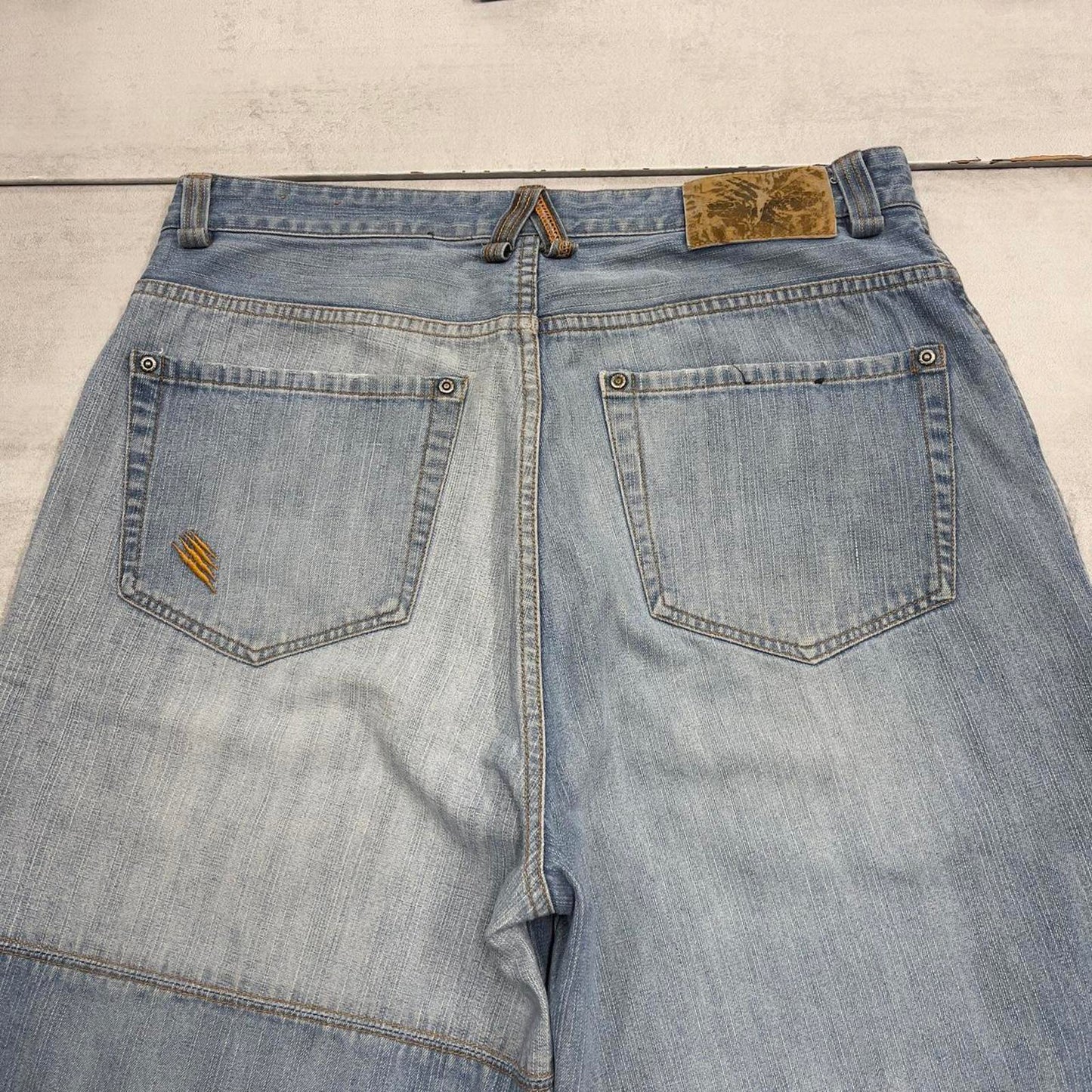 Baggy Mongoose denim shorts W34 long wide leg 90s style skater jorts tape detailing