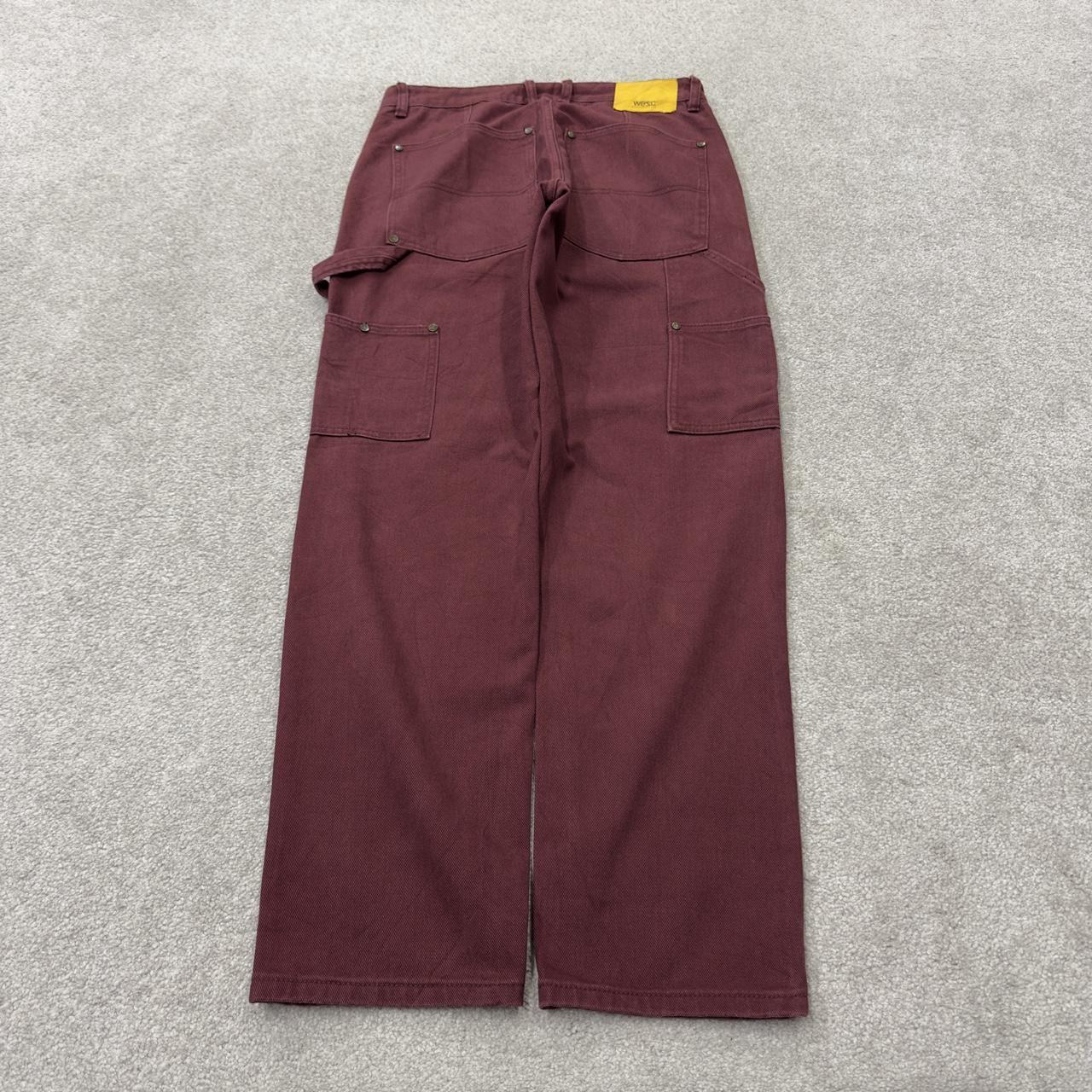Y2K denim carpenter jeans wesc maroon straight leg skater style utility workwear trousers