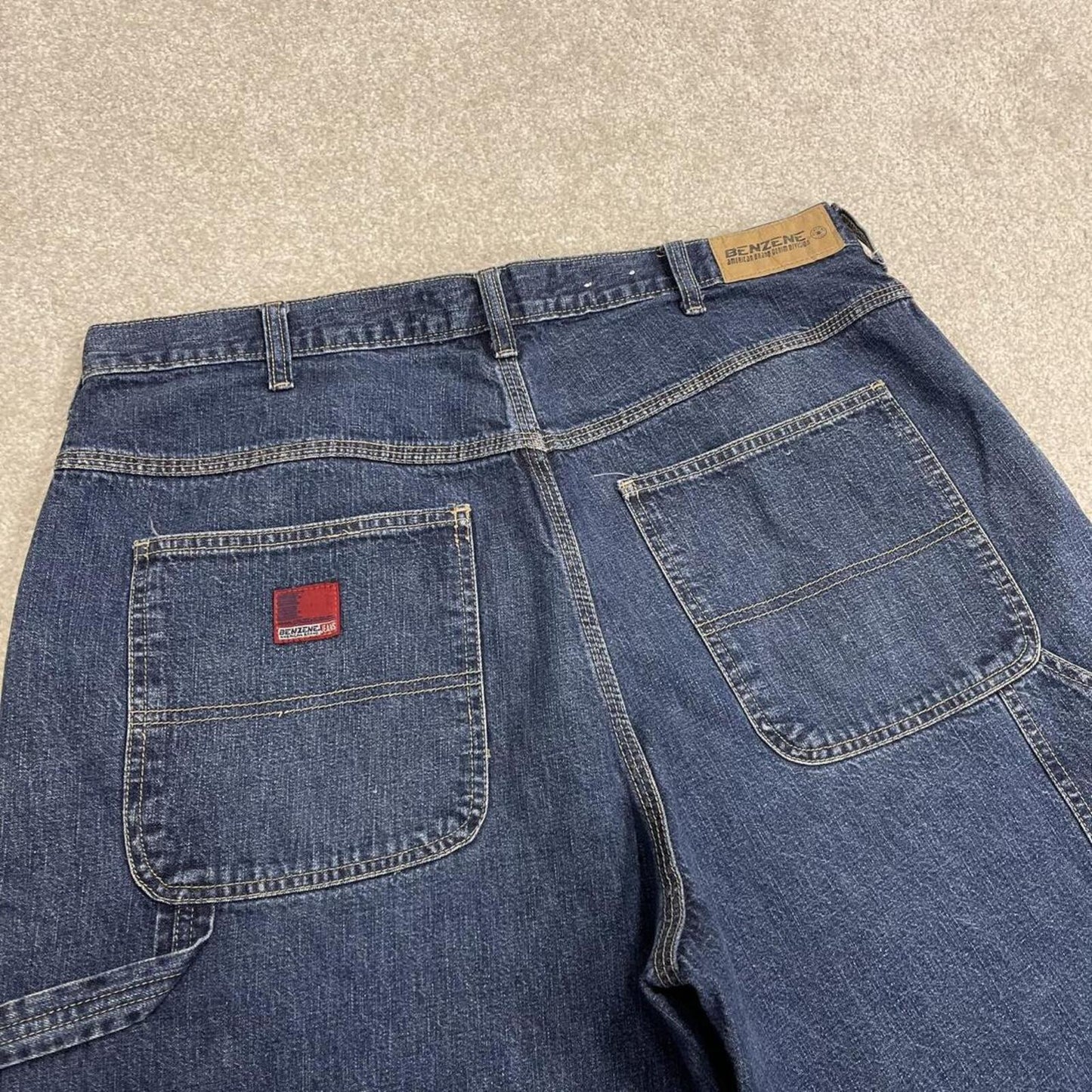 Frayed denim cargo shorts carpenter blue Benzene cut skater style jorts
