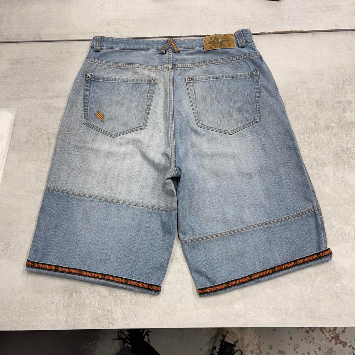 Baggy Mongoose denim shorts W34 long wide leg 90s style skater jorts tape detailing
