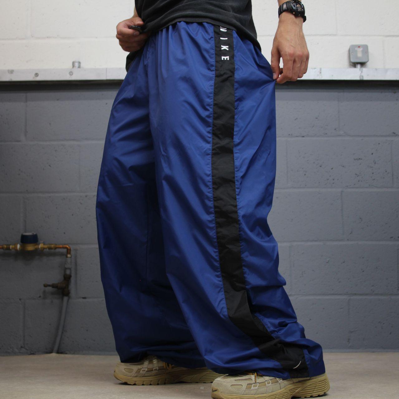 Y2K Nike baggy tracksuit bottoms wide leg navy Wide leg full popper leg swoosh logo track pants