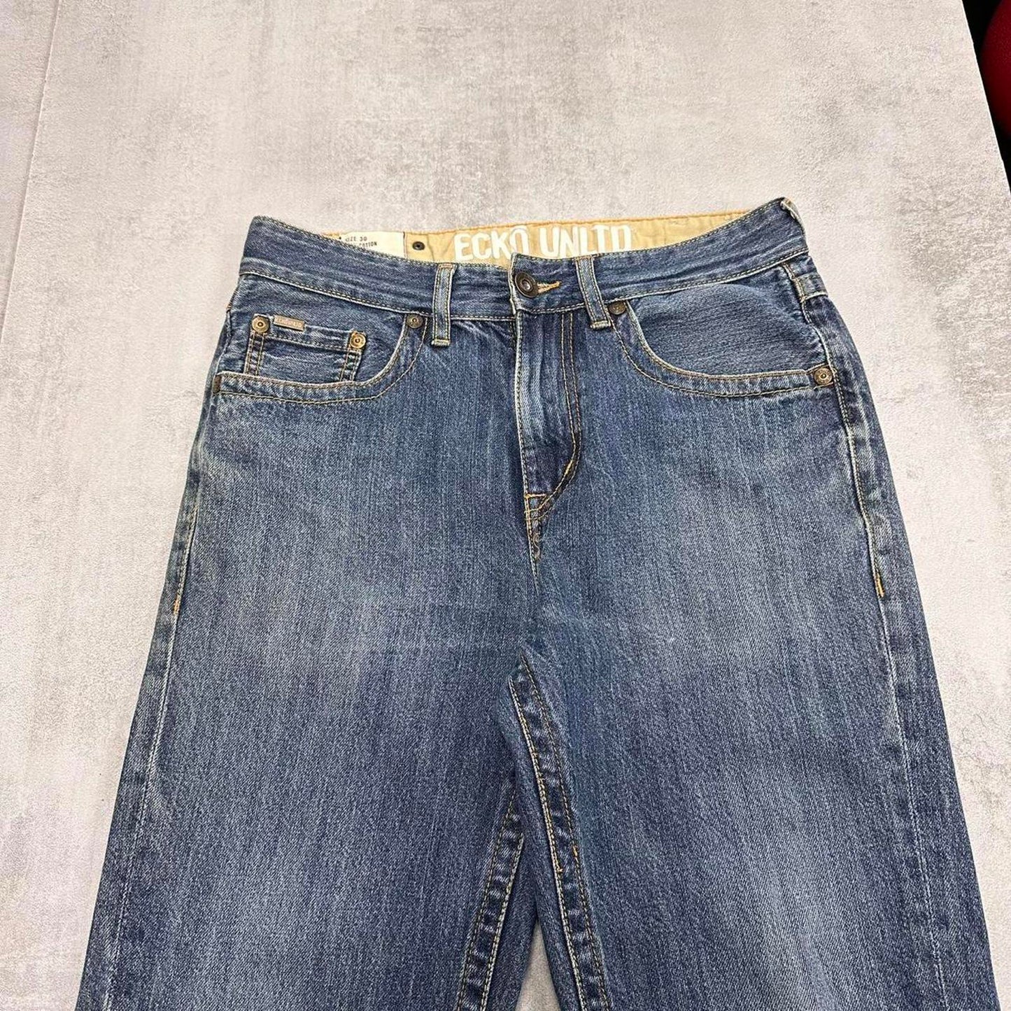 Blue Ecko Unltd jeans W30L31 90s style hip hop trousers rear pocket designs