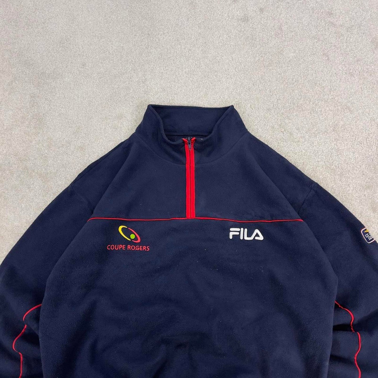 Y2K FILA us open series fleece XL navy coupe rogers pullover 1/4 zip embroidered design