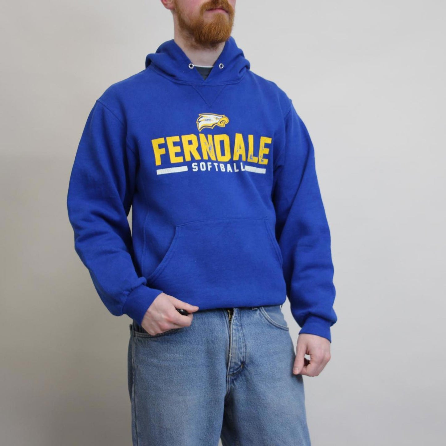 Vintage blue Russell hoodie Small Thick pullover jumper Ferndale print nice fit