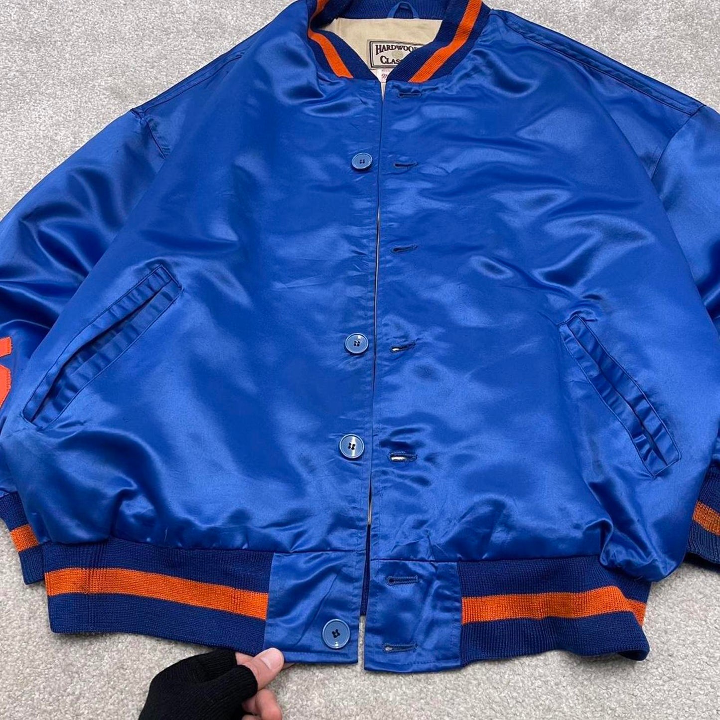 Vintage 90s NBA New York Knicks bomber jacket XL Hardwood Classics men's blue varsity