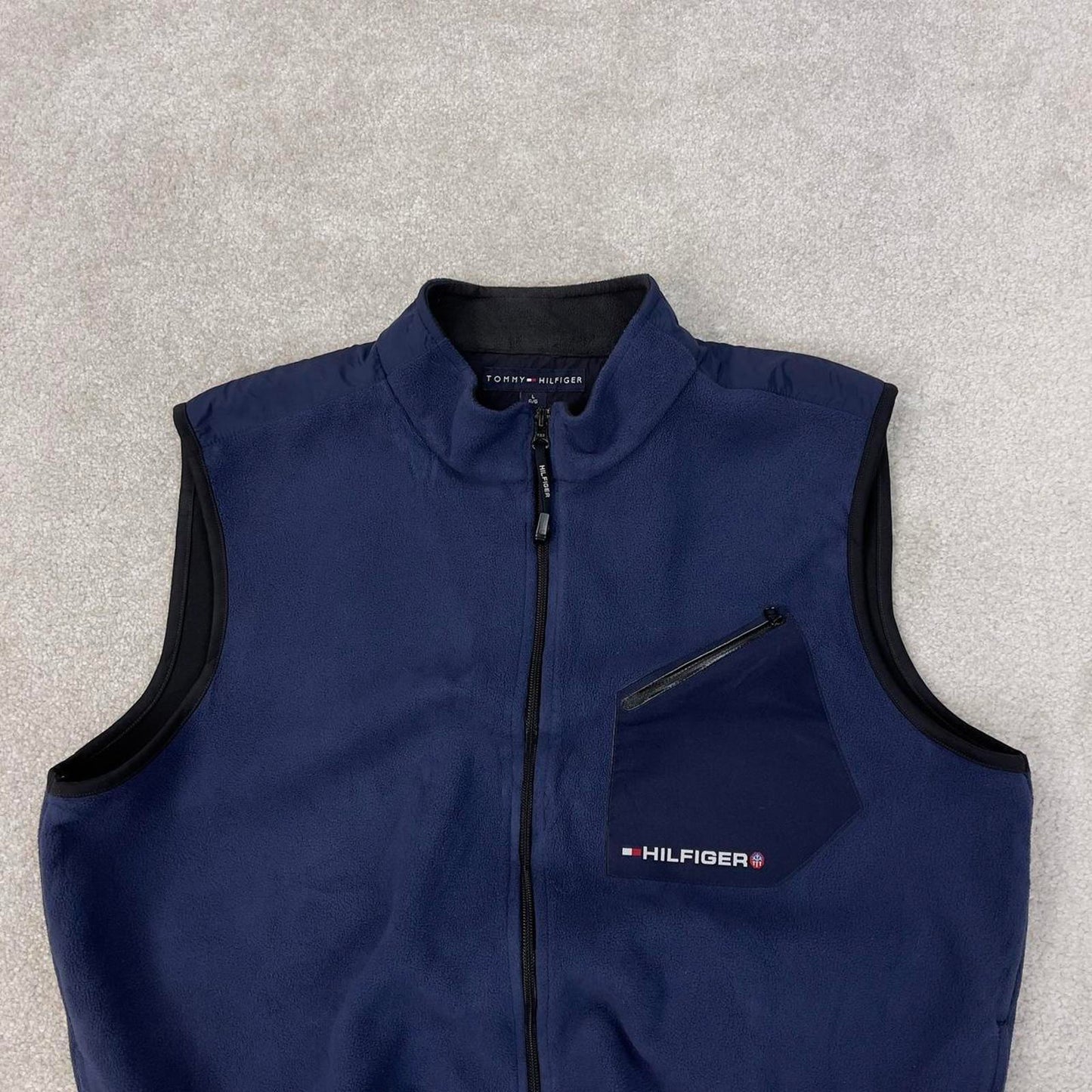 Tommy Hilfiger technical fleece gilet Large Y2K navy full zip up spellout logo