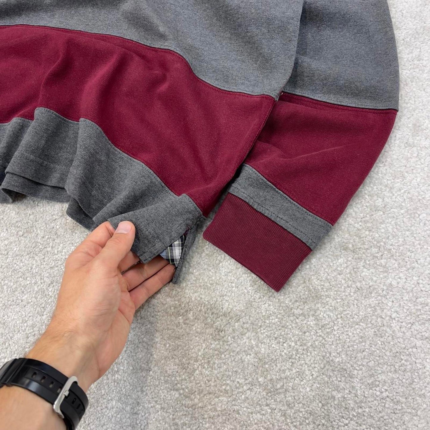 Burgundy grey Tommy Hilfiger vintage style rugby shirt Medium classic striped long sleeve polo loose