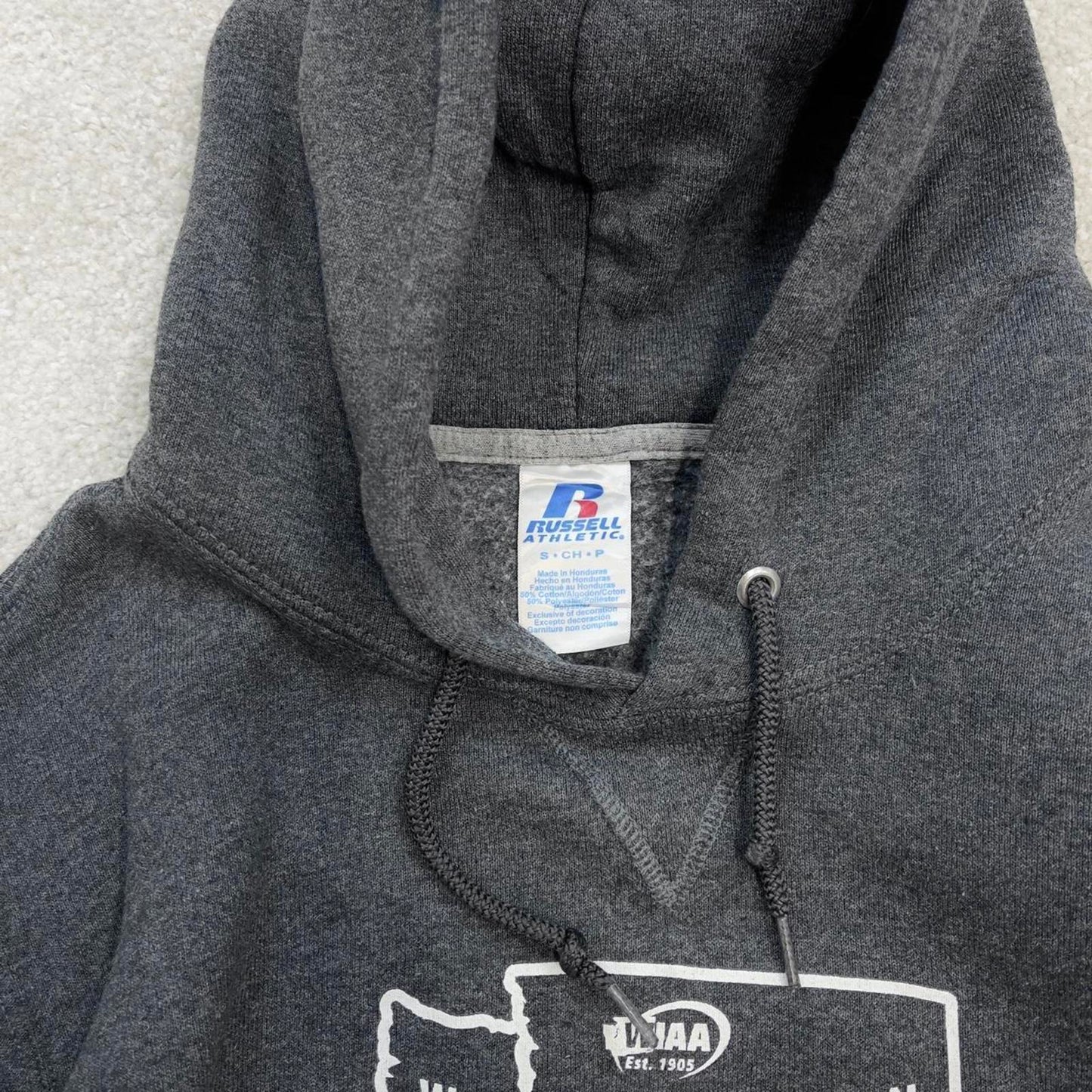 Grey Russell Athletic hoodie Small boxy y2k 00s style pull over hooded sweatshirt Softball print