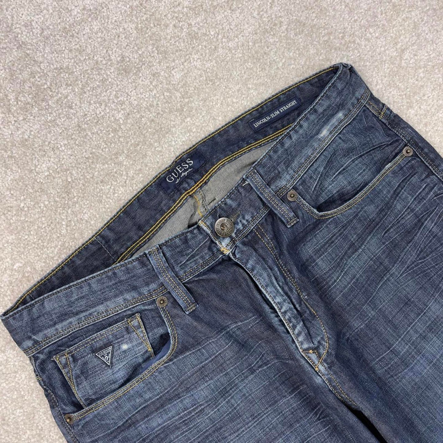 Blue Guess jeans W34L30 blue slim straight y2k 00s style jeans embroidered stitch detail