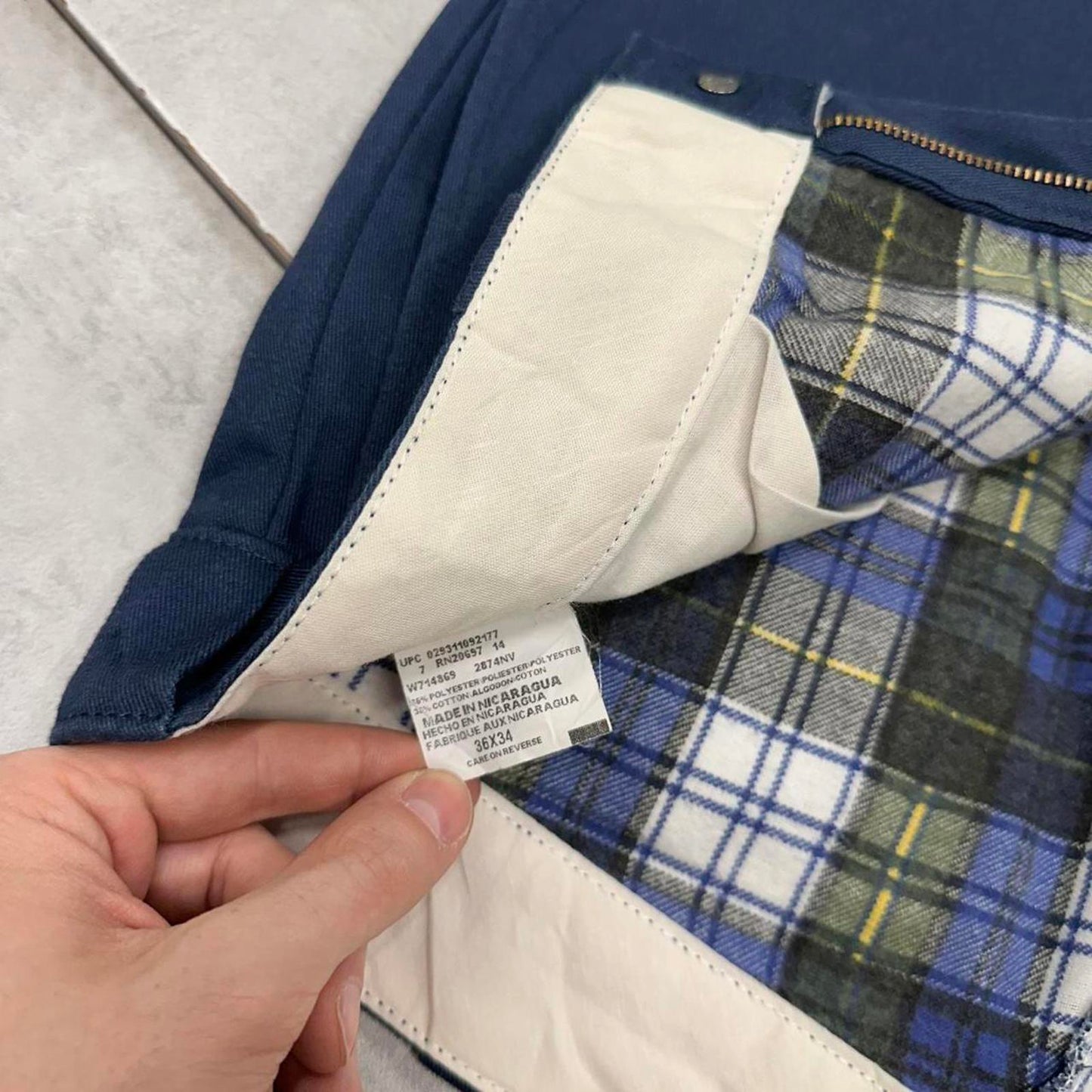 Navy Dickies Pants W36L34 loose flannel lined chino trousers