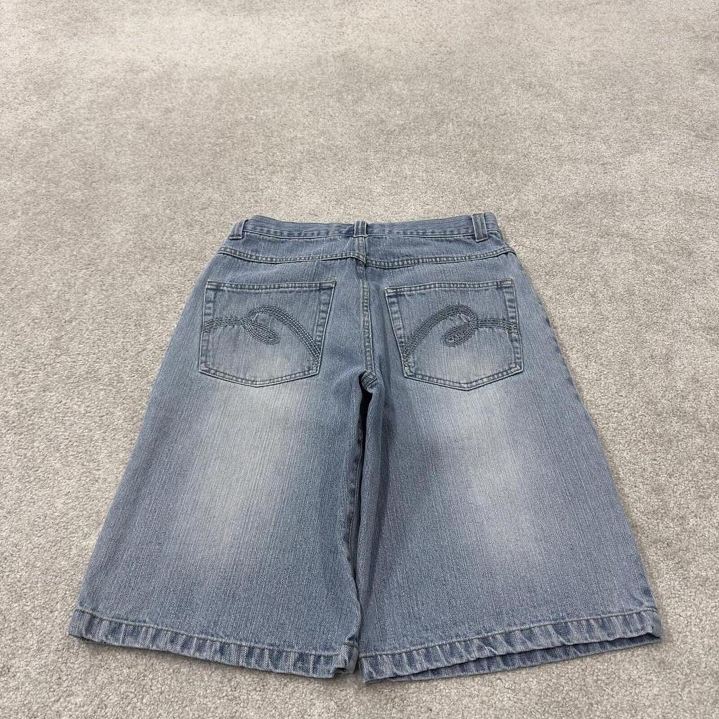 Denim Y2K embroidered shorts long leg blue Riflessi skater style brand surf jorts