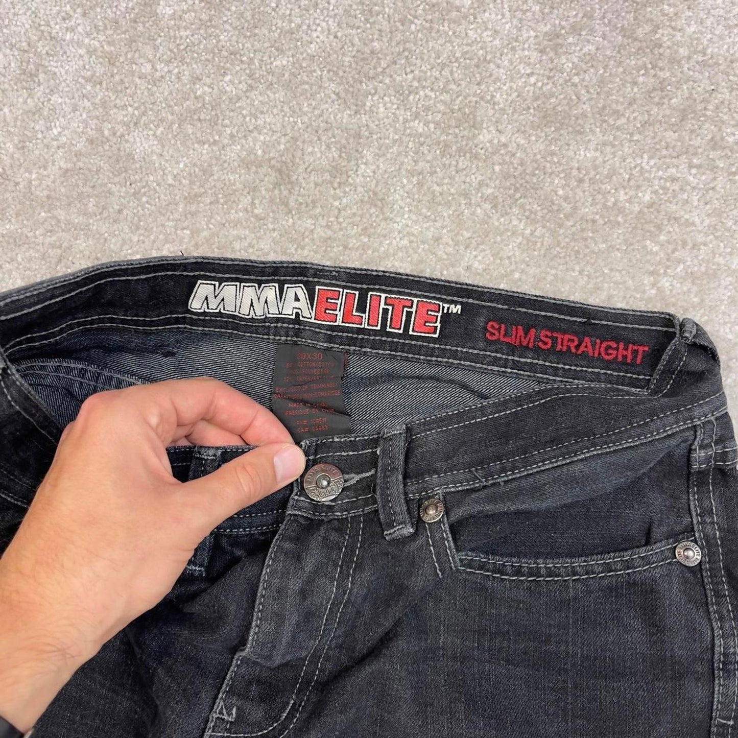 Black MMA Elite jeans W30L30 slim straight y2k 00s style jeans embroidered stitch detail