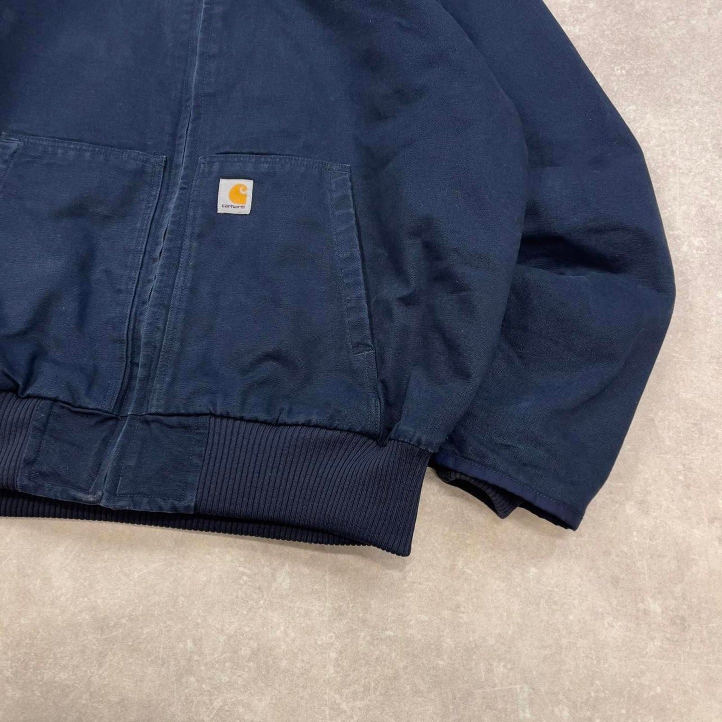 Navy Carhartt hooded active jacket XL canvas quilt lined patch logo active