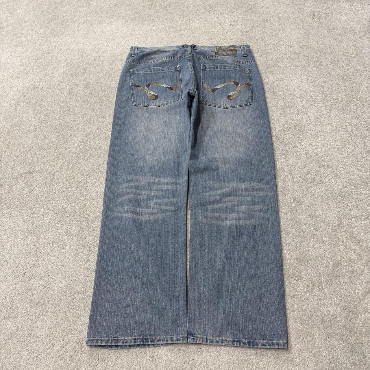 5ive Jungle Y2K embroidered jeans W38L32 blue 90s hip hop style jeans big stitch design 5 pocket