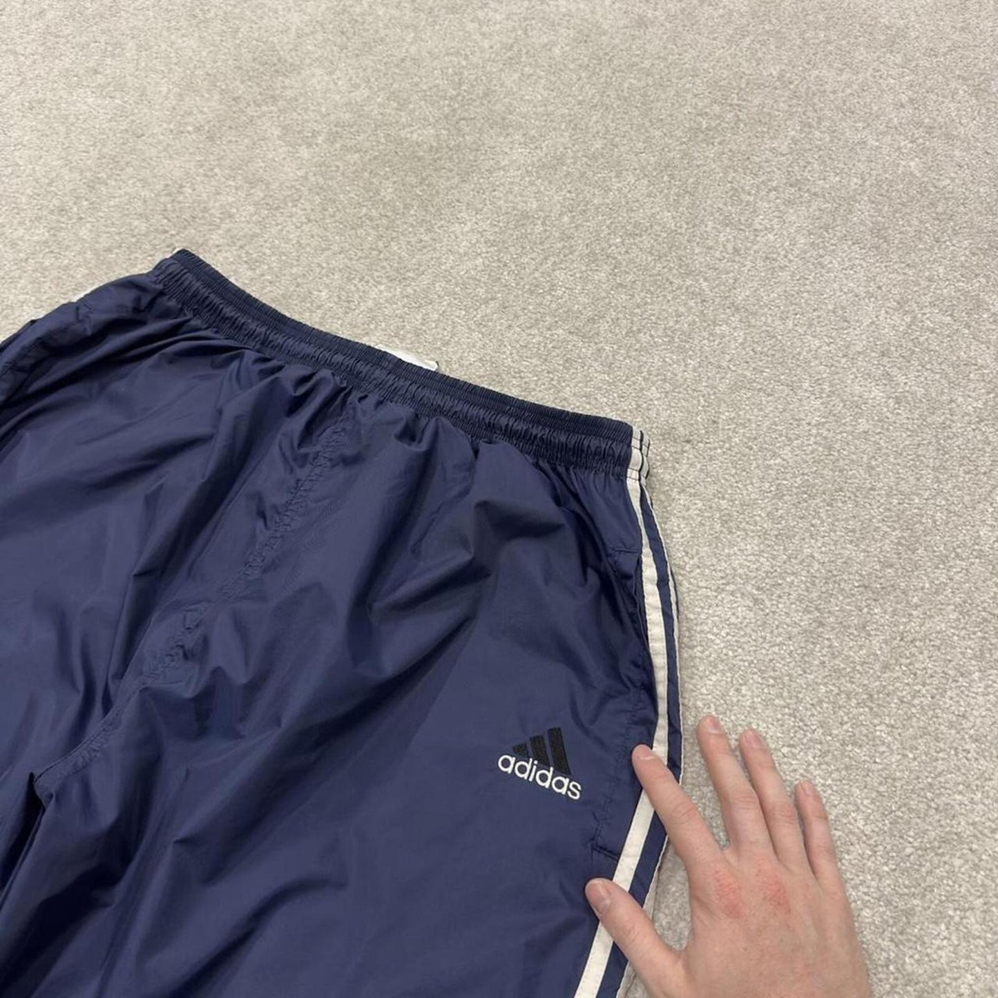 Vintage Y2K baggy Adidas tracksuit bottoms navy Loose-leg embroidered lined side stripe track pants
