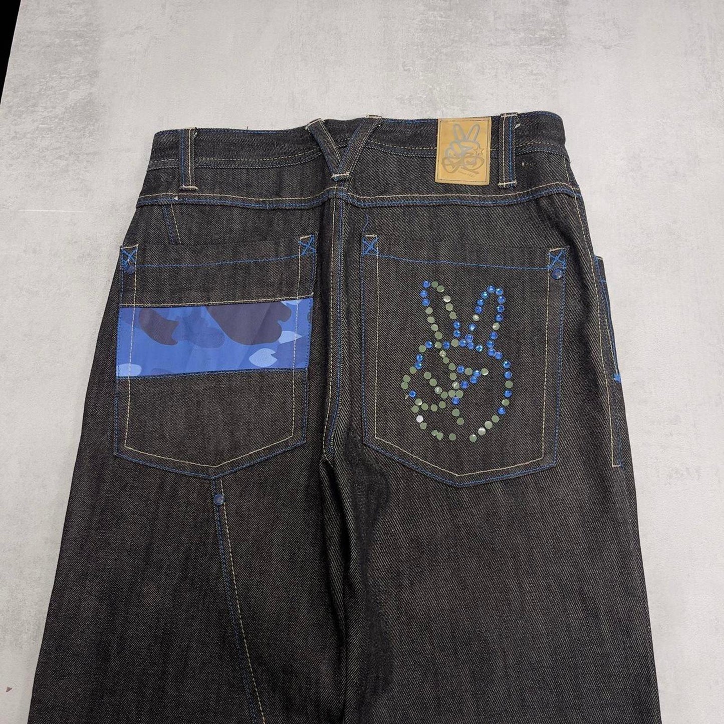 Black GB Design Lab jeans W32L31 Y2K embroidered design leg roll up hip hop