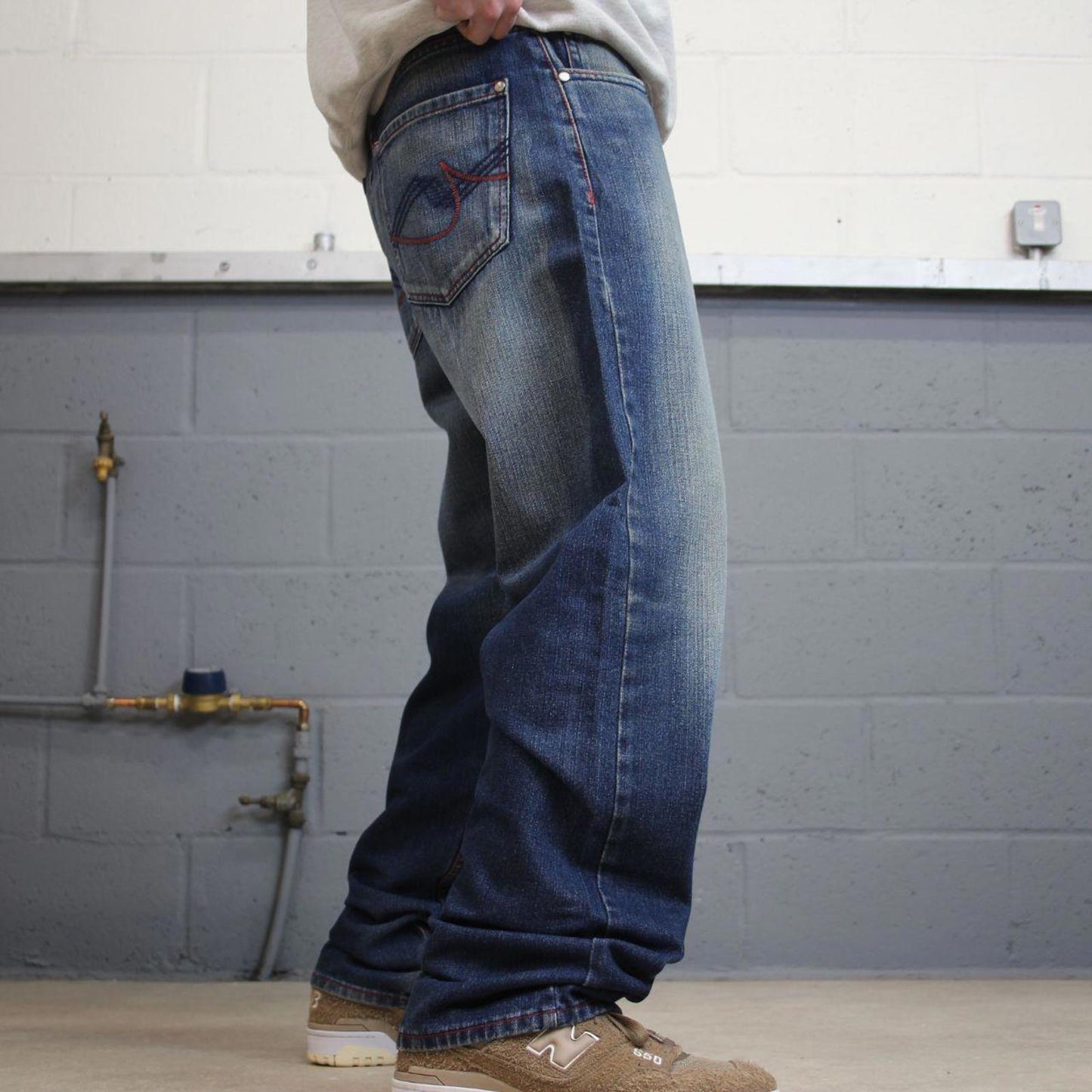 Vintage Y2K embroidered jeans blue Premium loose straight leg denim skater 00s style pants