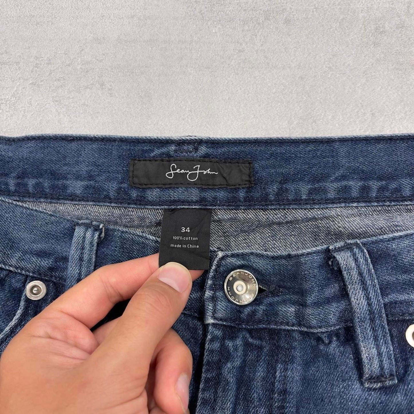 Mens baggy Sean John jorts W36 wide leg denim embroidered design 90s skater style