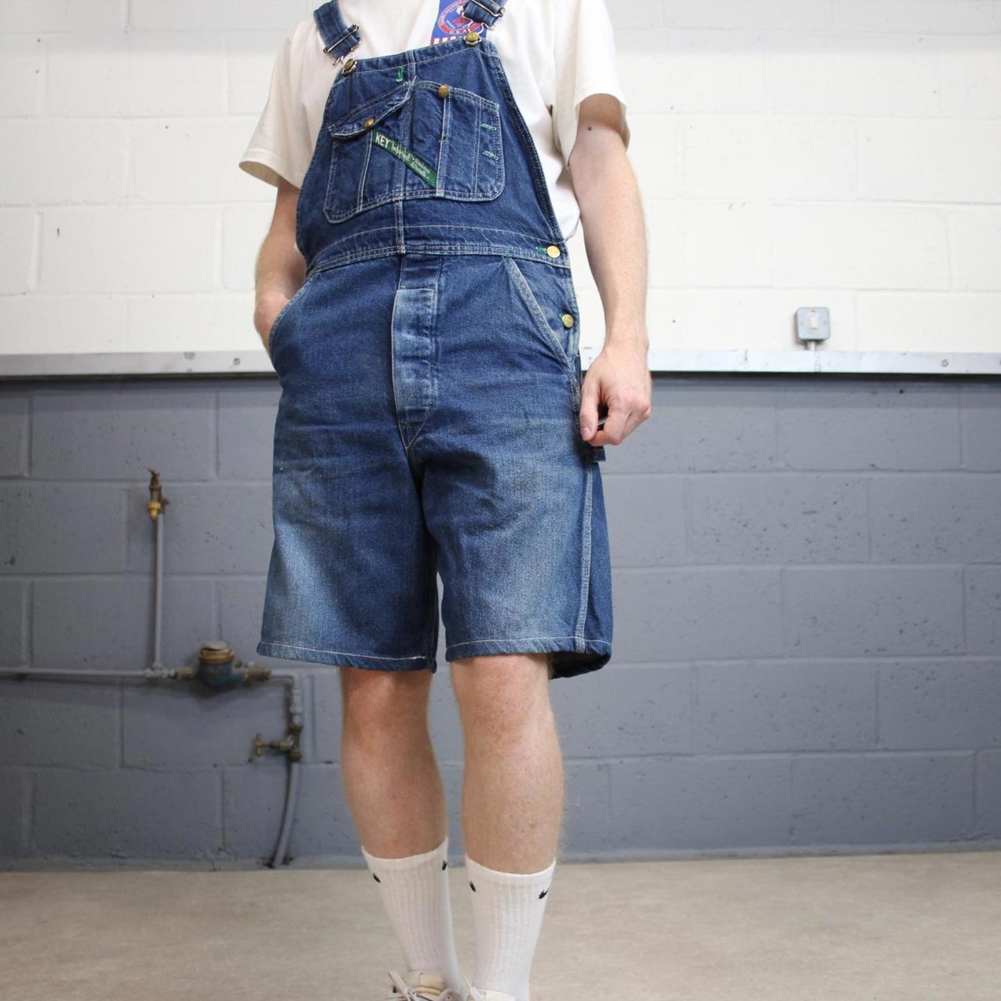 Vintage Key dungaree shorts W32 USA blue mens denim overalls