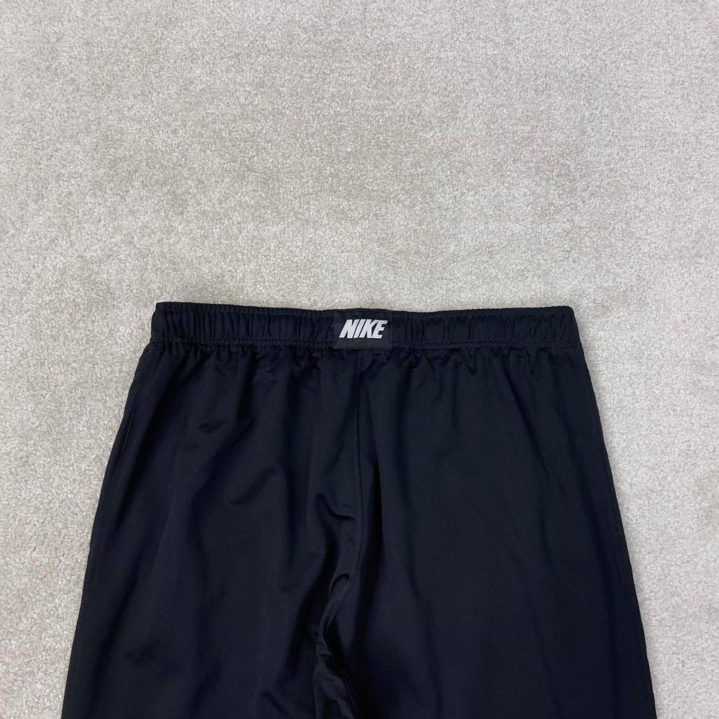Baggy Nike Trackies Large Black y2k 00s style loose wide leg joggers embroidered logo side stripe