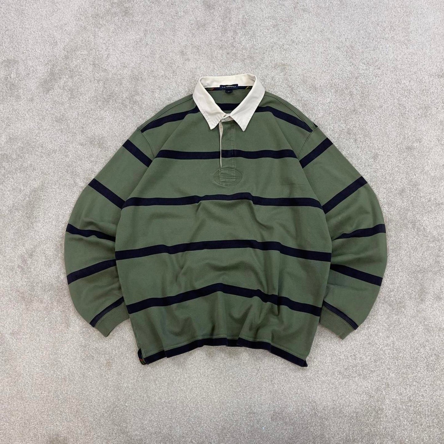 Green Land's End Vintage-Inspired Rugby Shirt XL classic striped long sleeve button up boxy fit