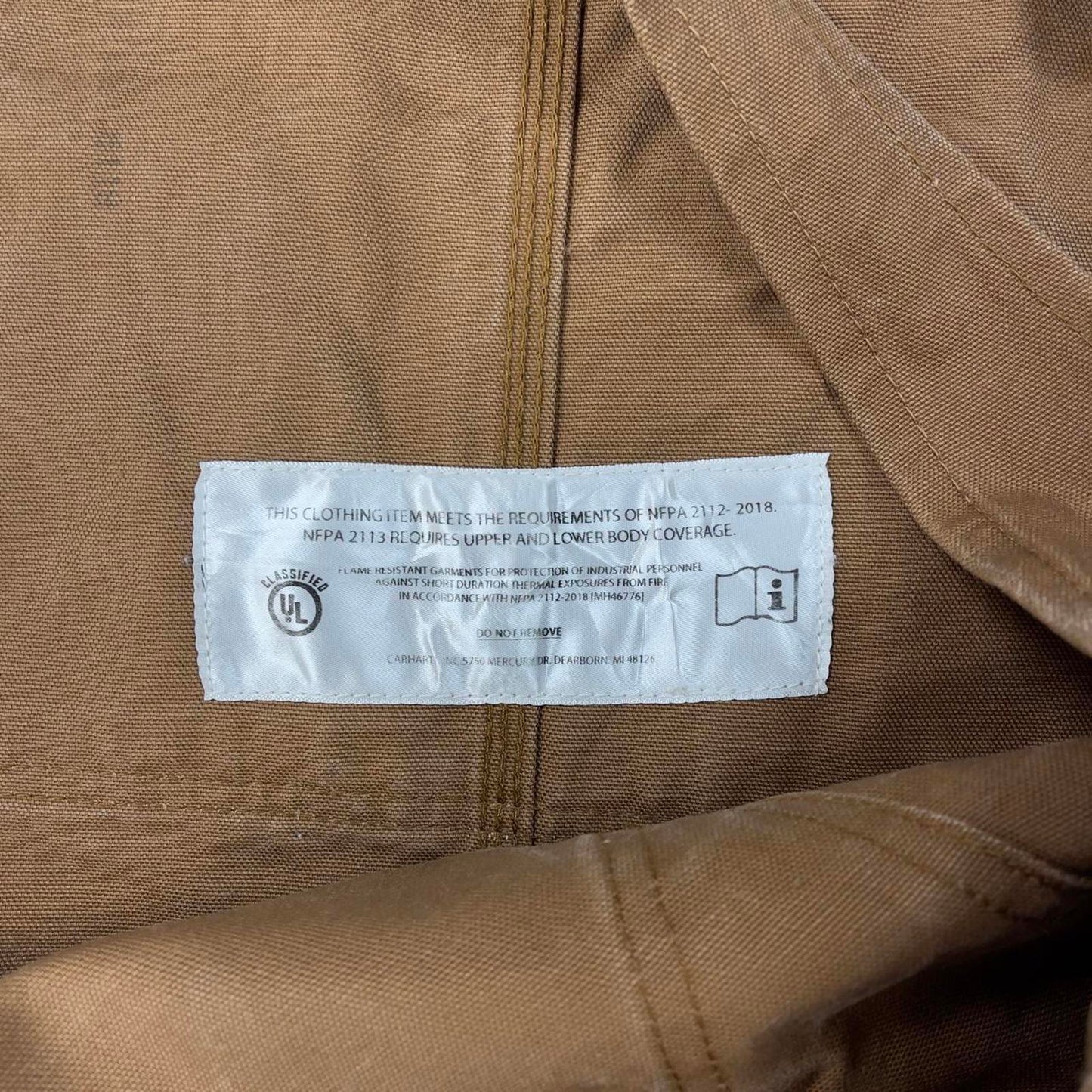 Tan Carhartt FR dungarees W42L36 padded canvas overalls 90s style fire resistant utility workwear