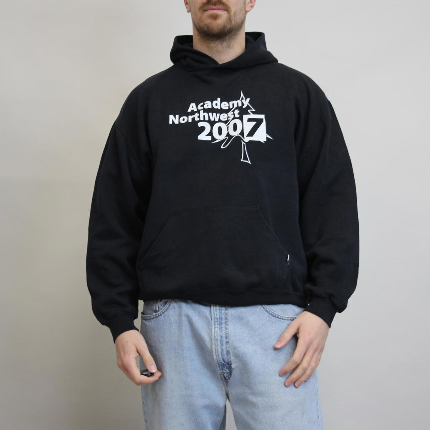 Black Russell Athletic hoodie XL Pullover jumper with print design and logos
