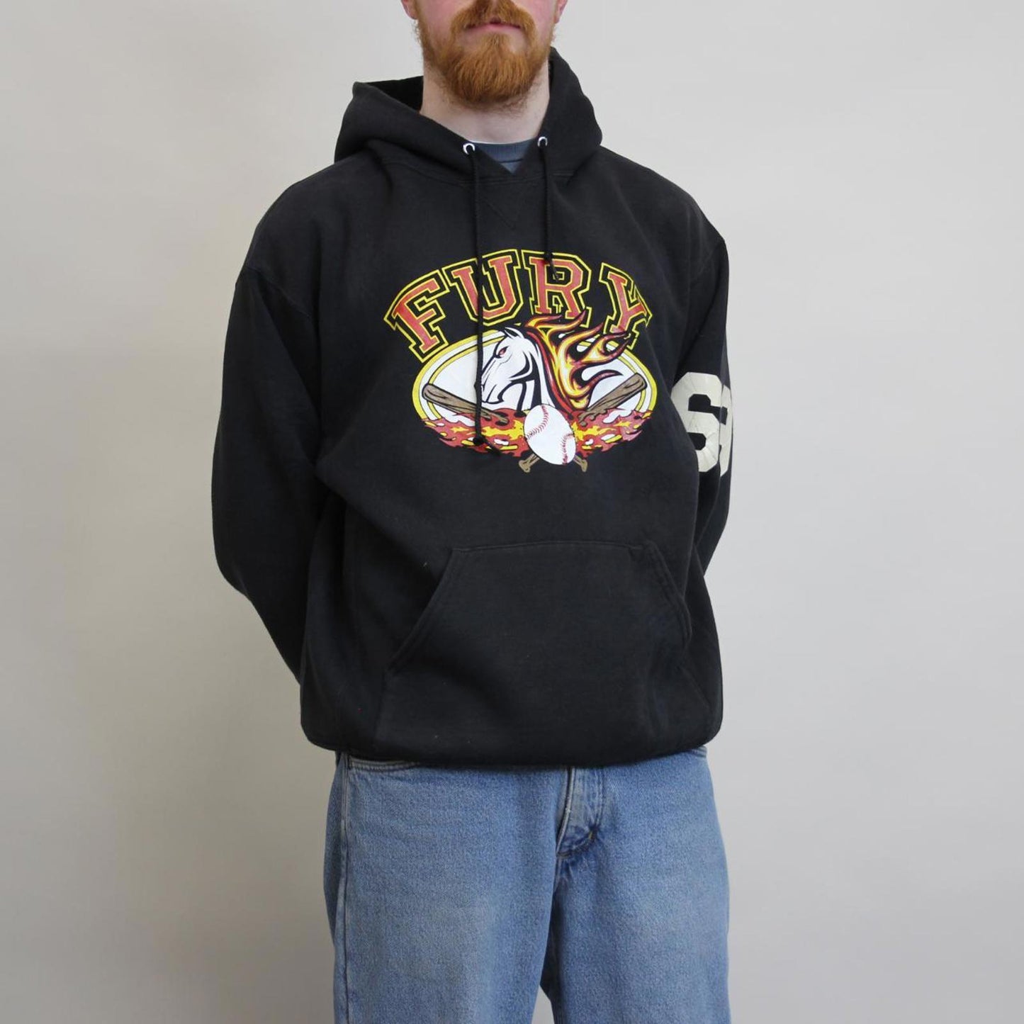 Black Russell Athletic hoodie Large Thick pullover jumper FURY baseball