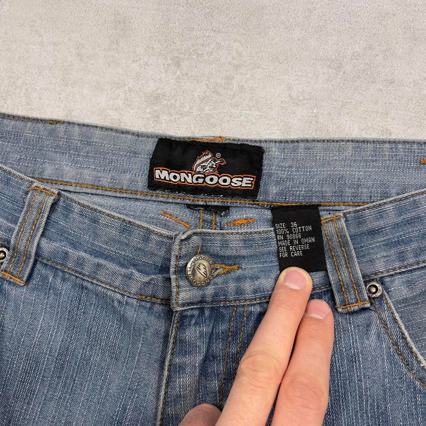 Baggy Mongoose denim shorts W34 long wide leg 90s style skater jorts tape detailing