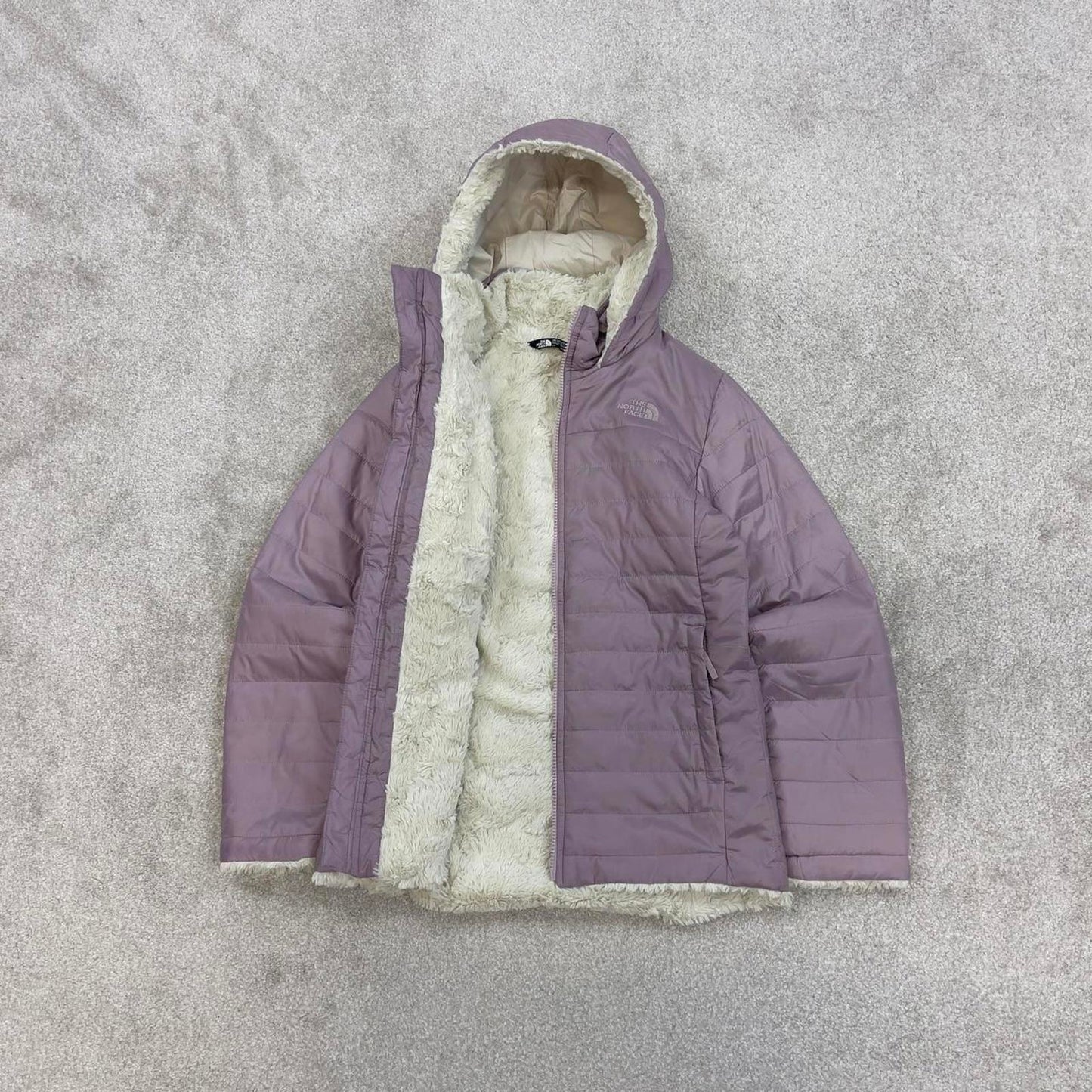 Lilac North Face quilted jacket Girls large TNF sherpa lined hooded coat y2k style zip pockets