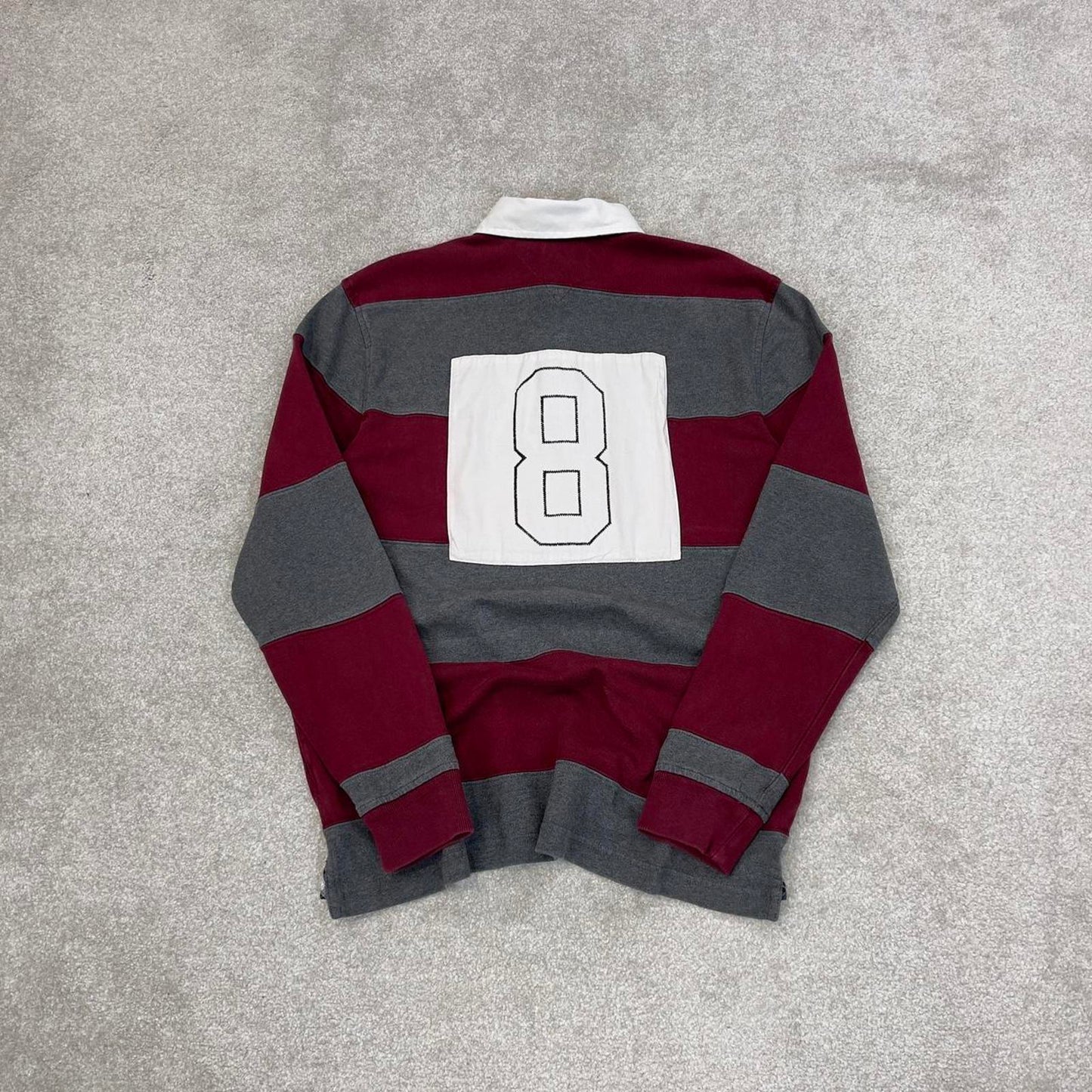 Burgundy grey Tommy Hilfiger vintage style rugby shirt Medium classic striped long sleeve polo loose