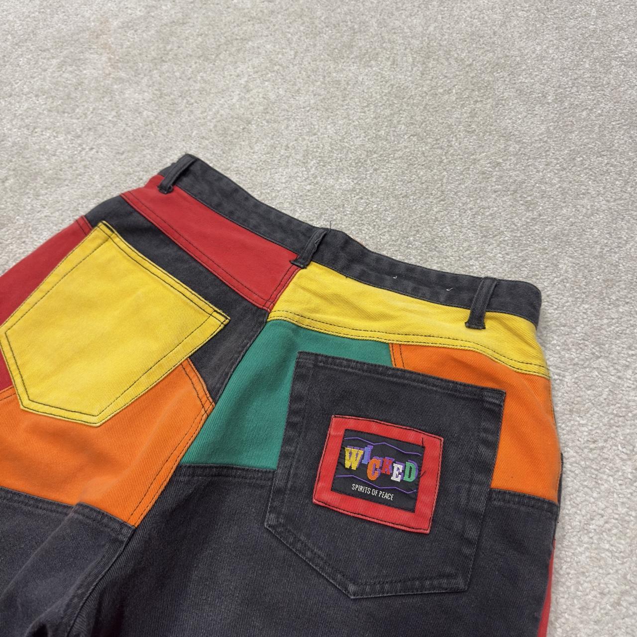 Y2K Wicked colour block patchwork jeans W32L33 multicoloured denim Loose festival rave pants