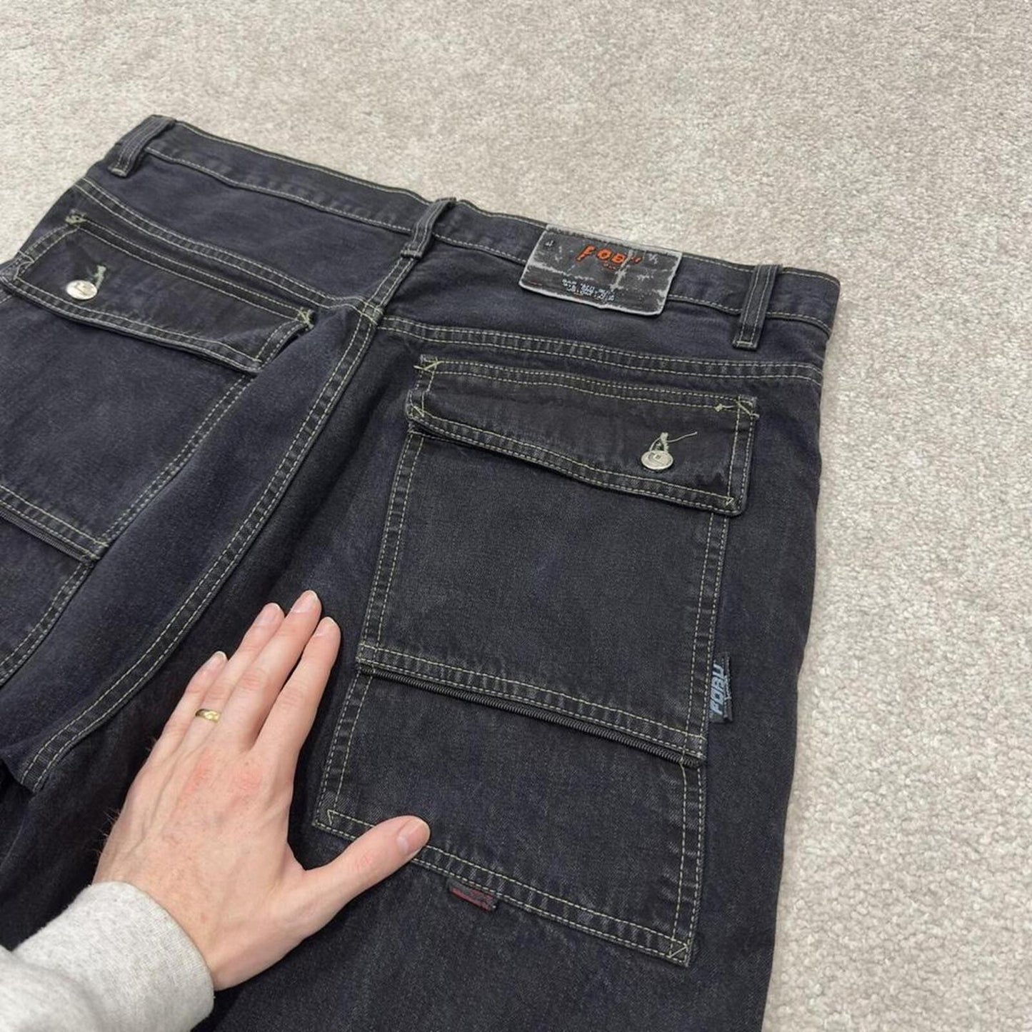 Baggy extra long denim shorts y2k cargo black FOBU wide leg skater style brand surf jorts