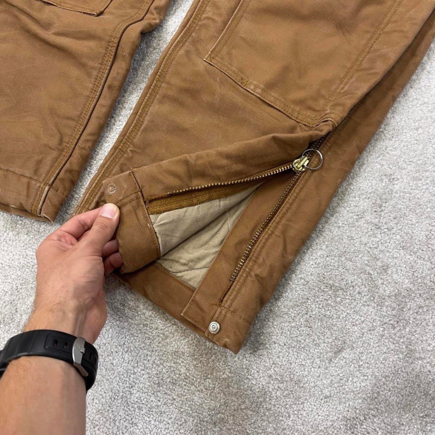 Tan Carhartt FR dungarees W42L36 padded canvas overalls 90s style fire resistant utility workwear