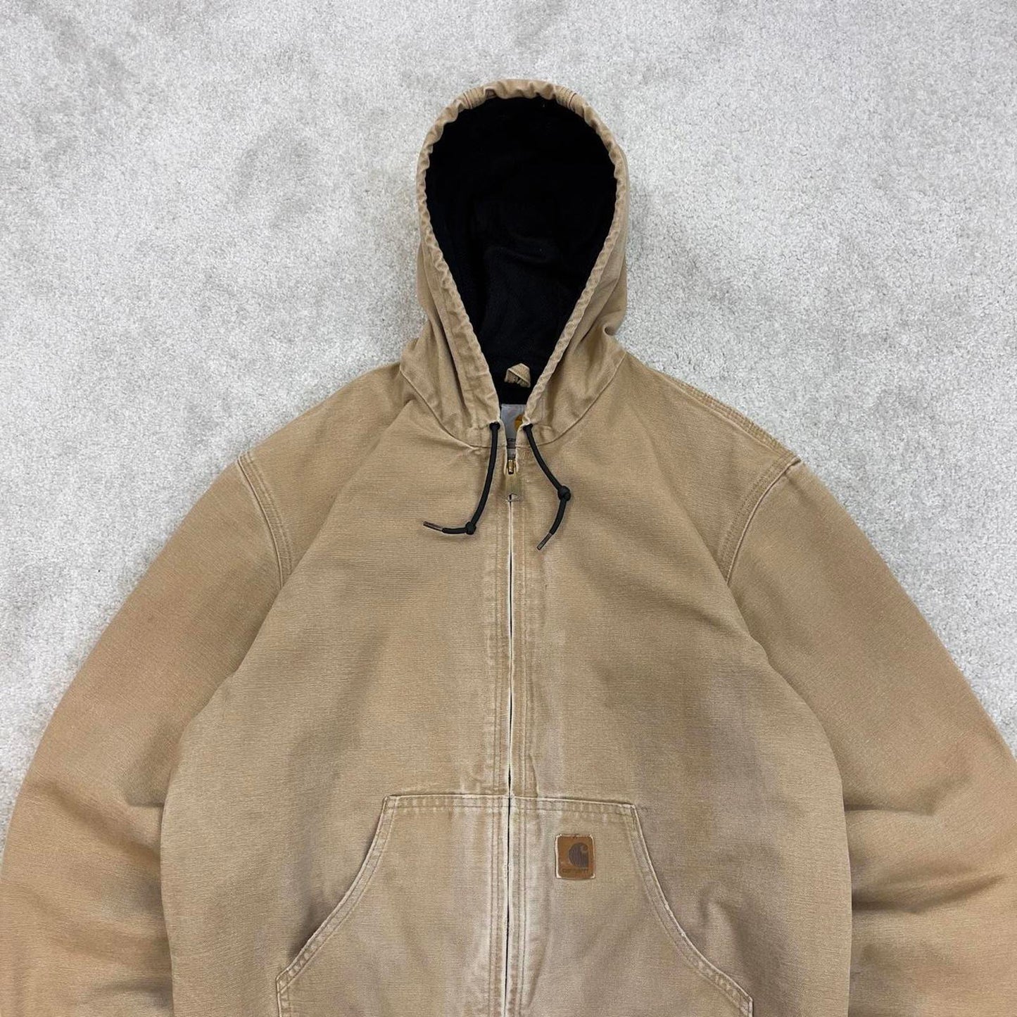 Vintage sand brown Carhartt hooded active jacket Medium technical canvas 90s style skater bomber
