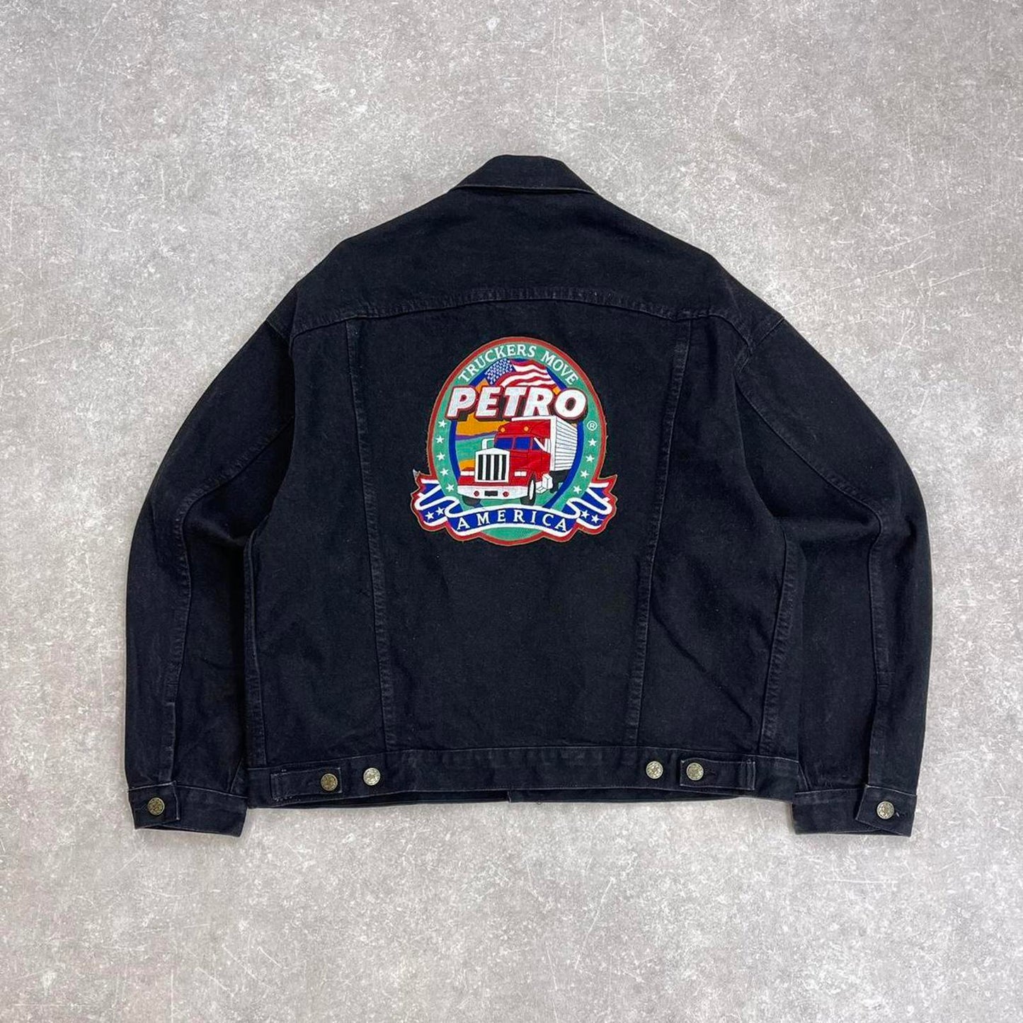 Embroidered denim trucker jacket M black boxy embroidered denim jacket
