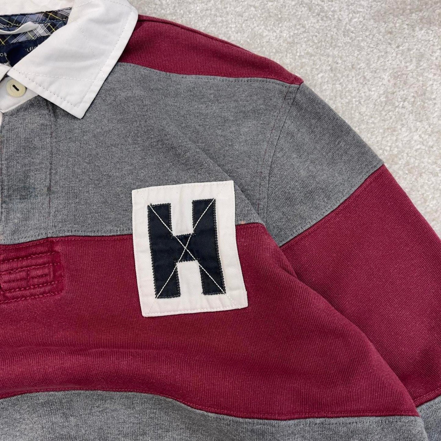 Burgundy grey Tommy Hilfiger vintage style rugby shirt Medium classic striped long sleeve polo loose