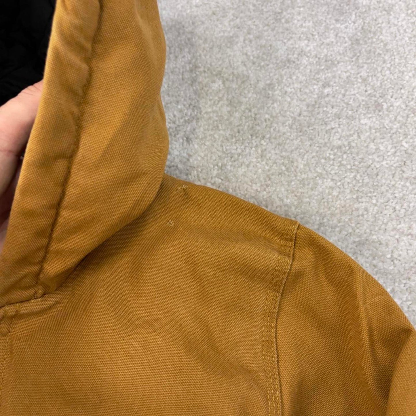 Vintage Kids Carhartt hooded active jacket Small (7-8) tan canvas 90s style quilt lined active