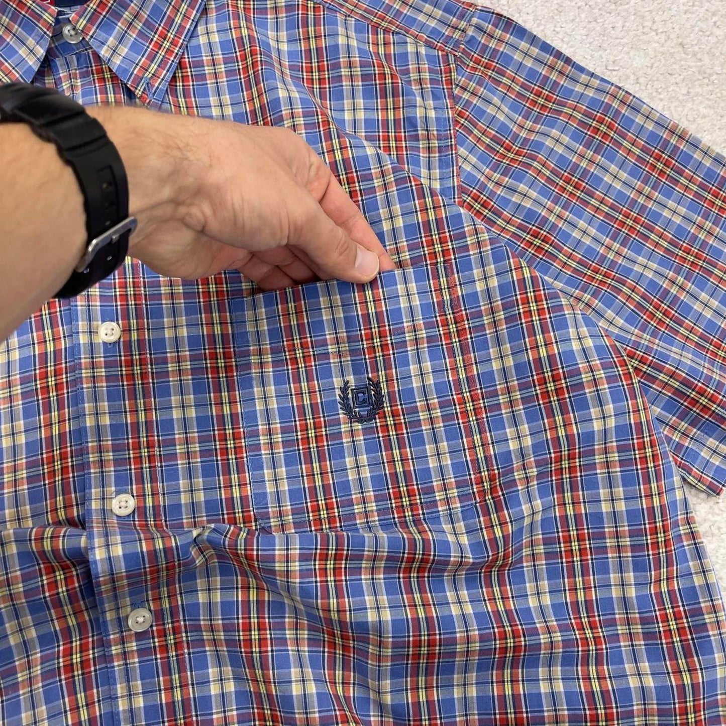 Blue Red checkered Chaps technical shirt L men's short sleeve button up autumn y2k style