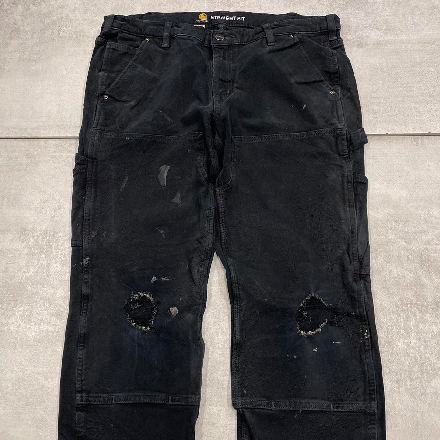 Black double knee Carhartt Carpenter pants size 14 straight fit cargo trousers