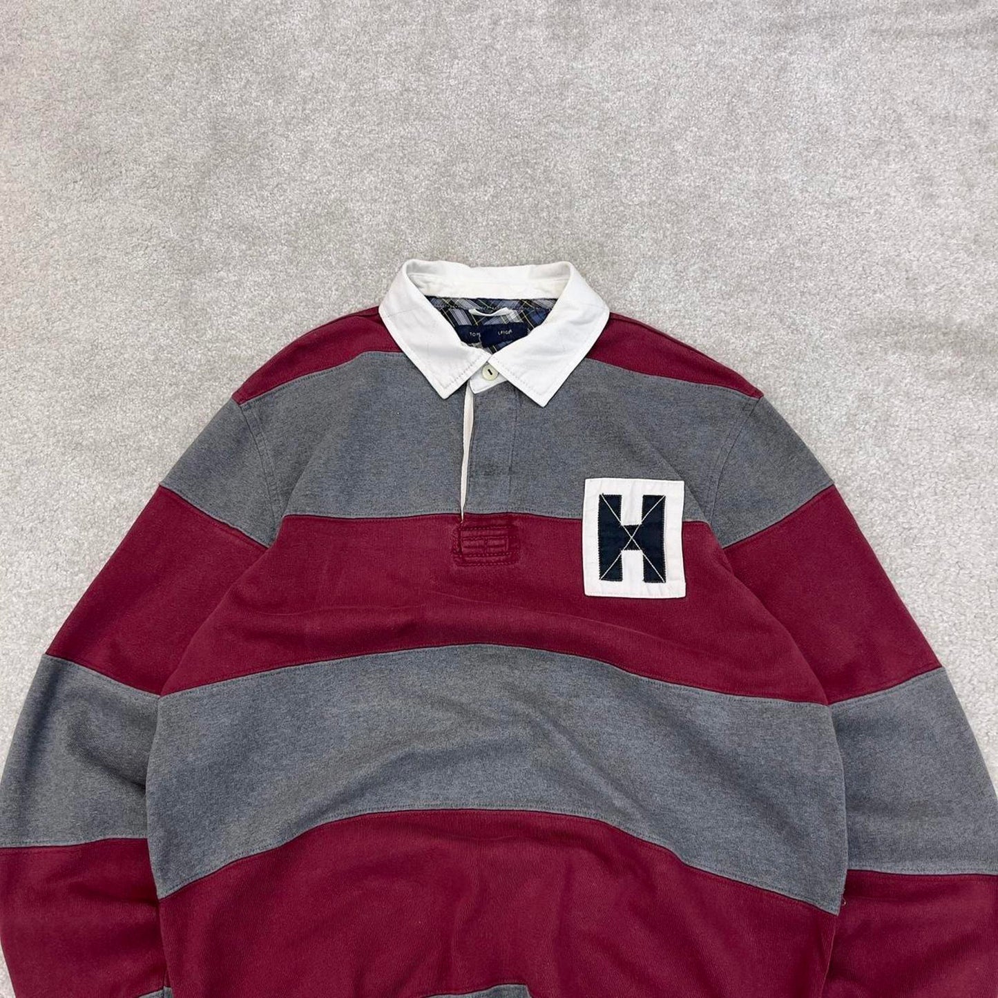Burgundy grey Tommy Hilfiger vintage style rugby shirt Medium classic striped long sleeve polo loose