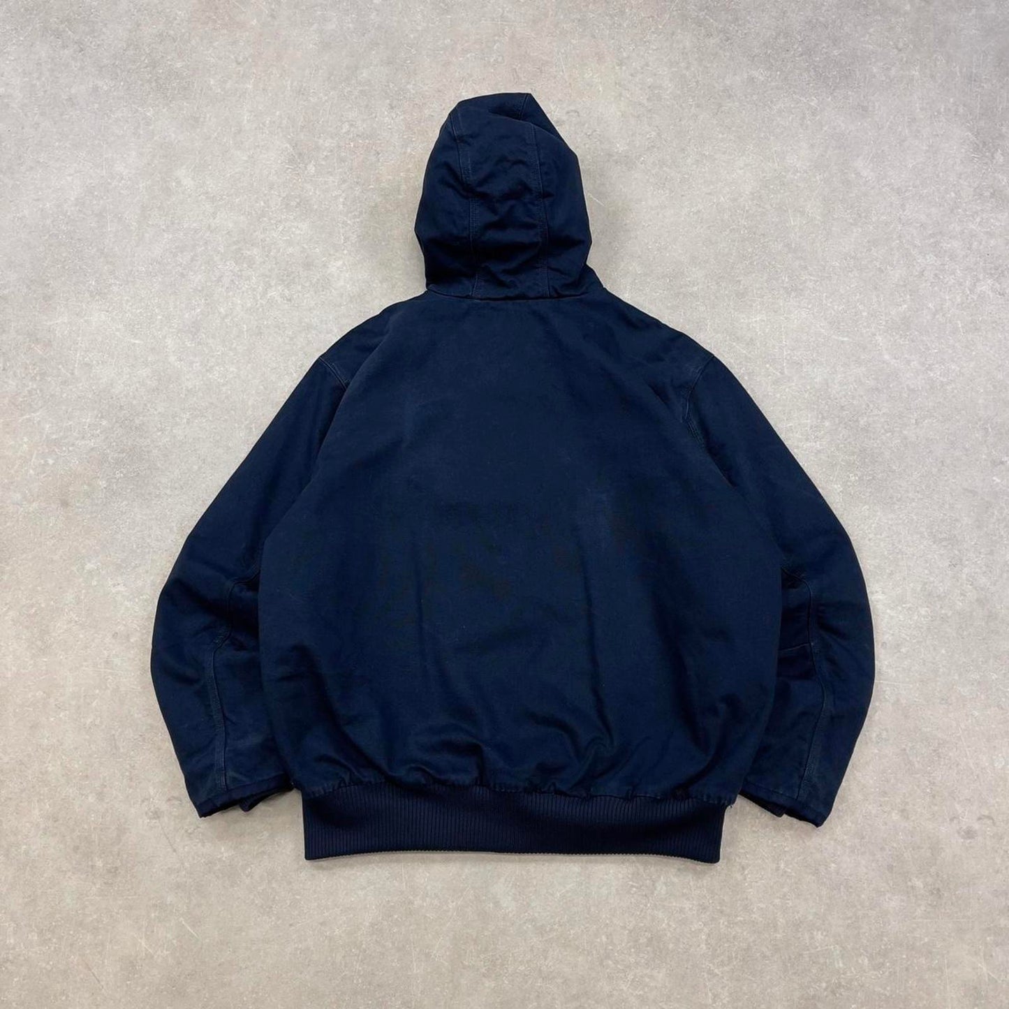Navy Carhartt hooded active jacket XL canvas quilt lined patch logo active