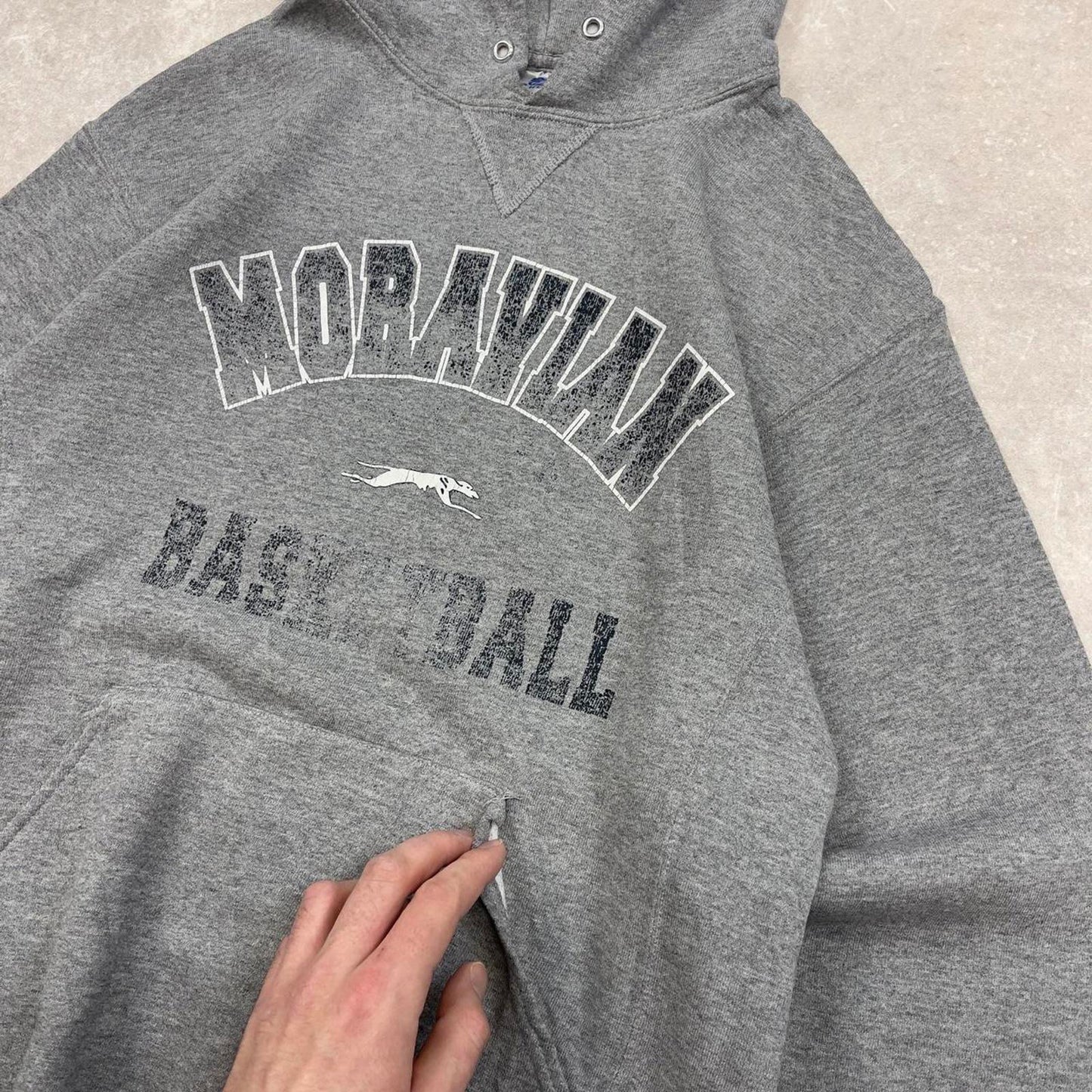 Grey vintage Russel hoodie Medium thick pullover jumper Moravian basketball spellout print design