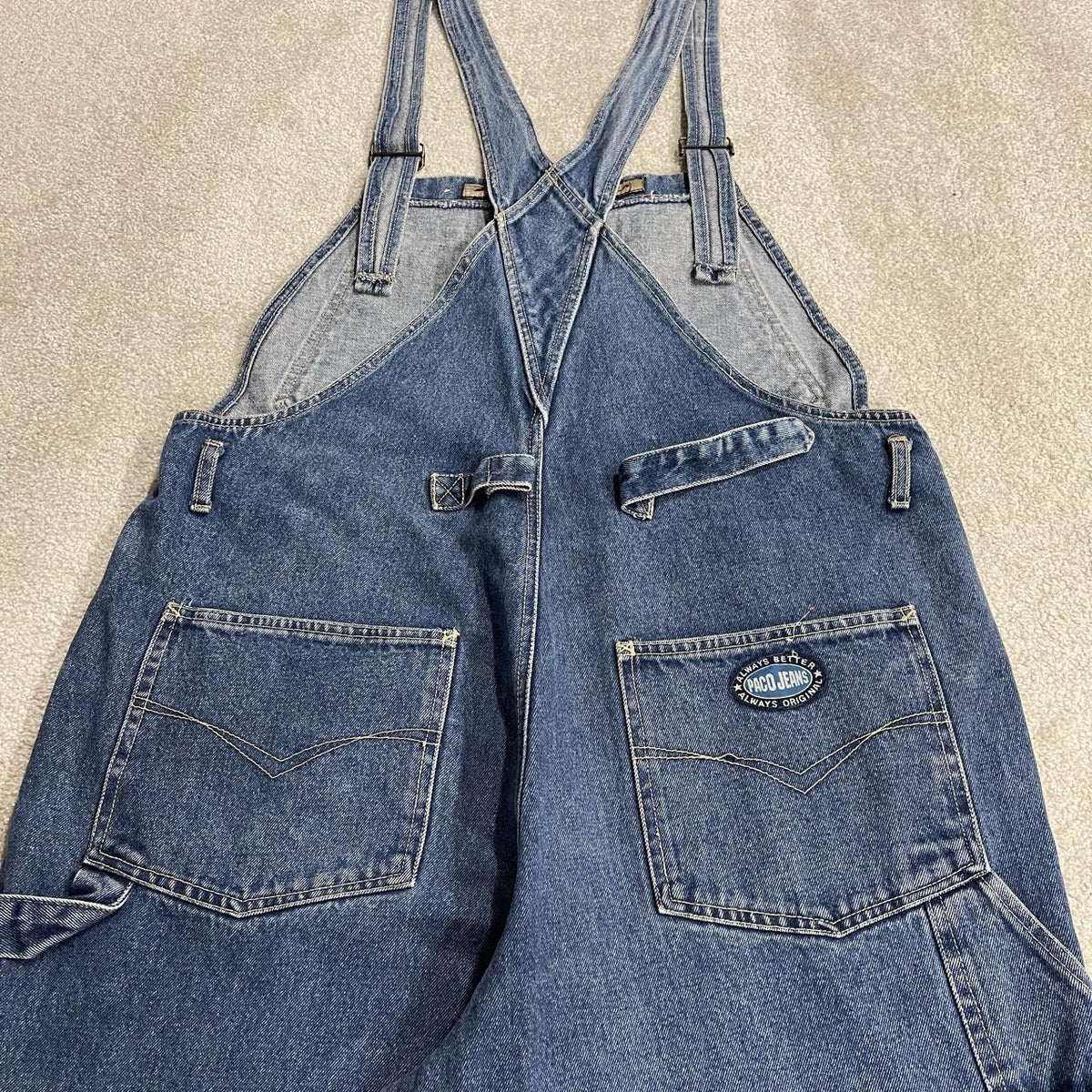 Y2K PACO baggy dungarees thick denim overalls blue Patch logos and adjustable straps