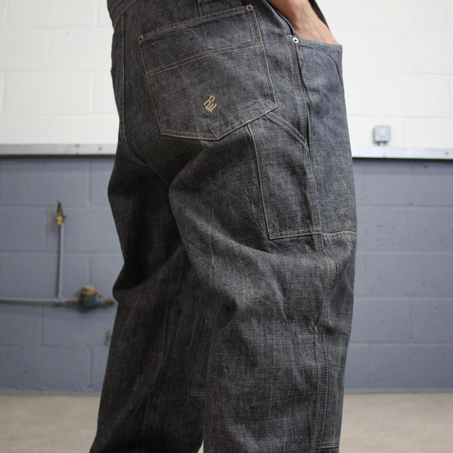 Baggy Rocawear dungarees W42L34 black grey embroidered y2k style overalls vintage denim double knees