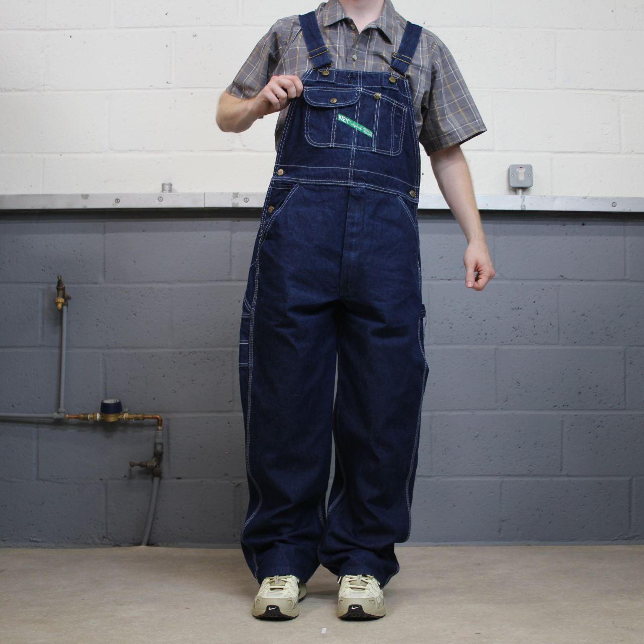 Vintage y2k denim dungarees loose leg blue Key workwear bib & brace overalls utility