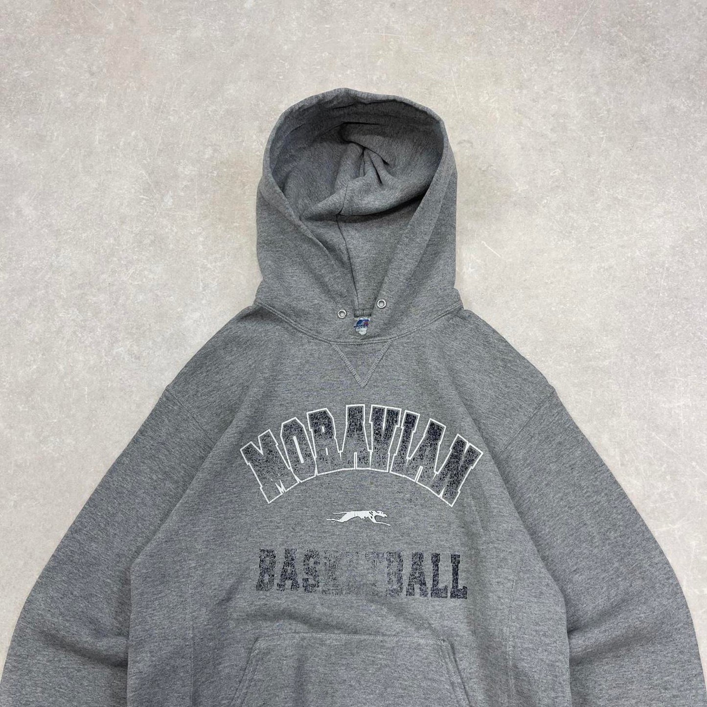 Grey vintage Russel hoodie Medium thick pullover jumper Moravian basketball spellout print design